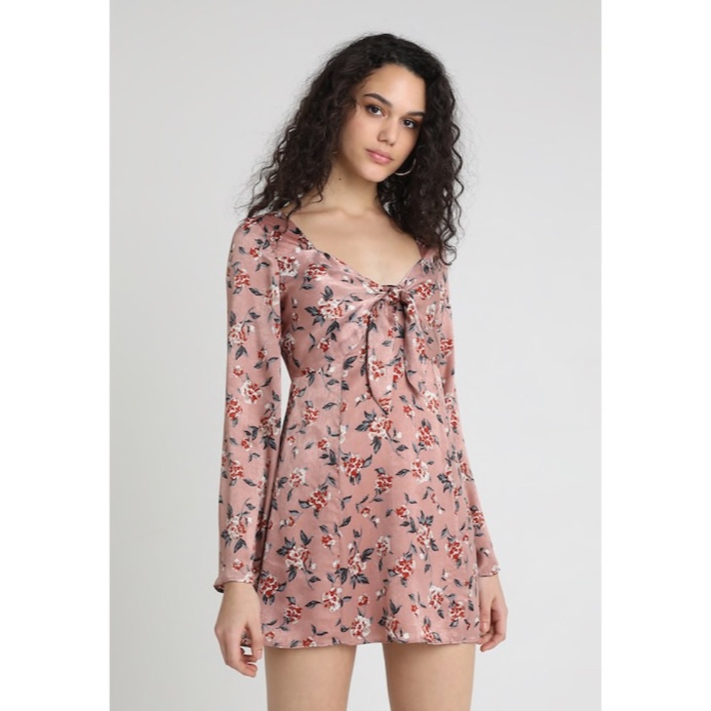 Pink Satin Floral Print Long Sleeve Tie Dress